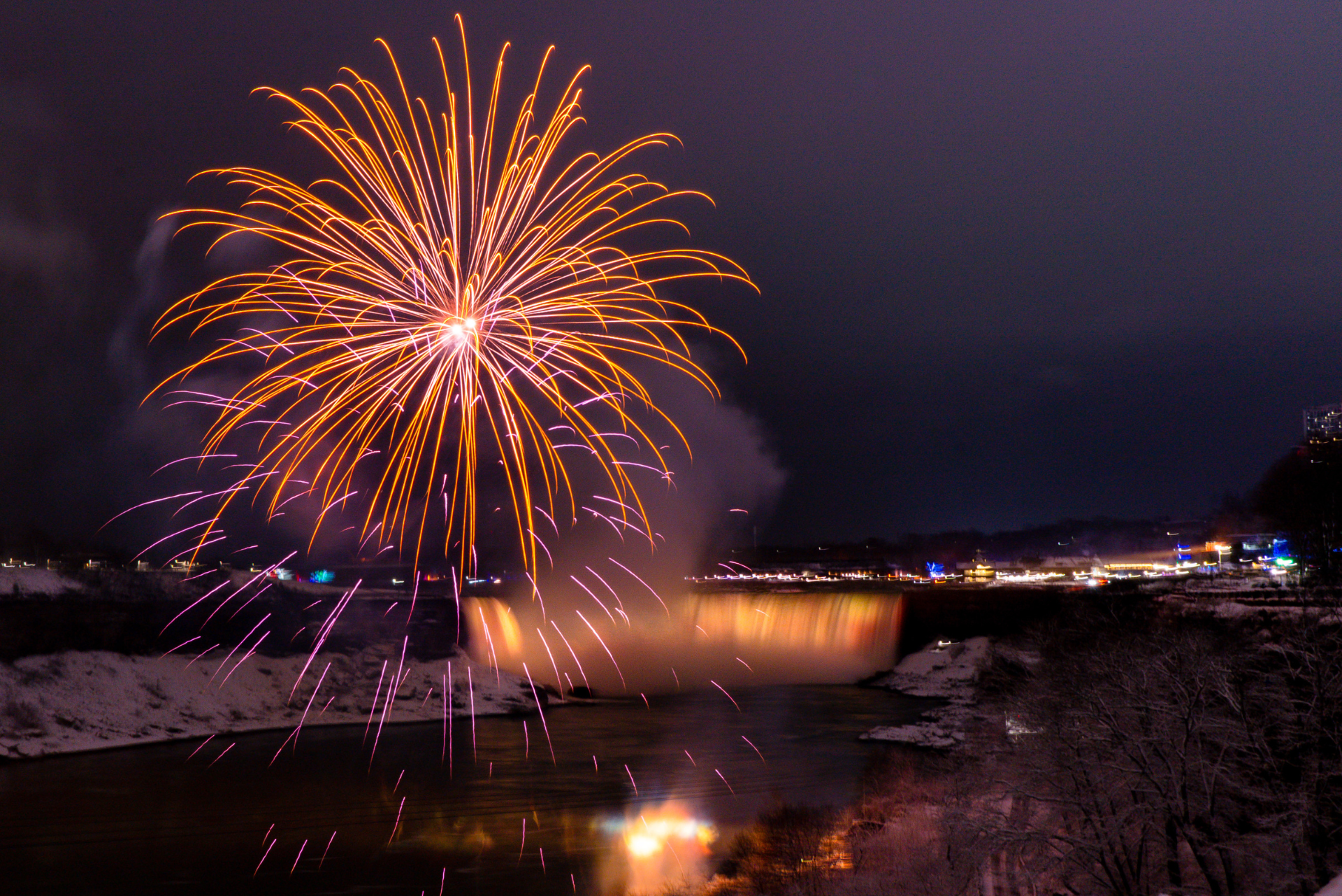 Winter fireworks in Niagara Falls